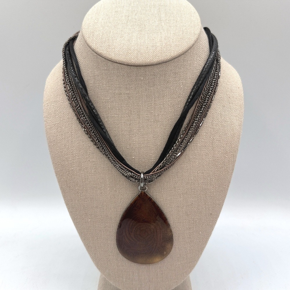 Chico's Pendant Necklace Brown Multi-Strand Teardrop Resin Swirl Earthy Artsy
